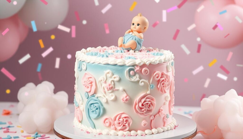 Gender reveal cake with a pastel-colored exterior and a surprise pink or blue filling, surrounded by festive decorations.