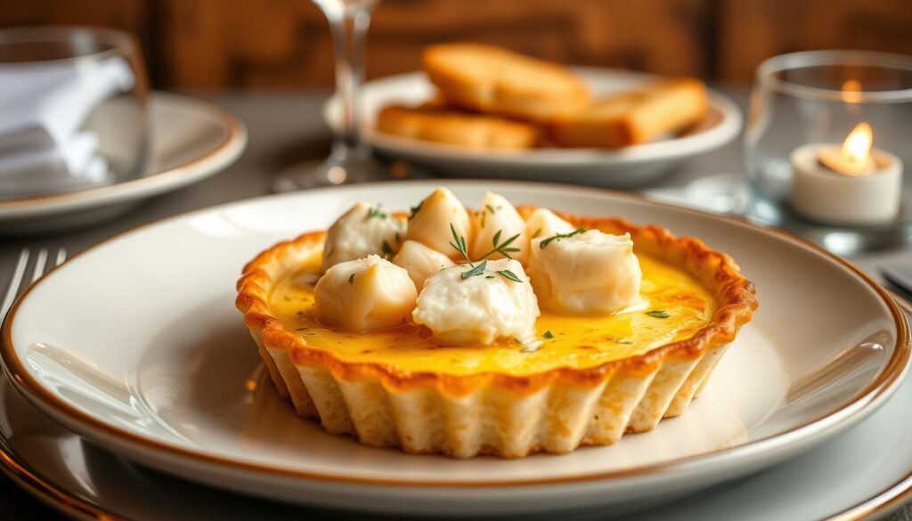 Golden caramelized crust on crab brûlée, freshly torched to perfection.