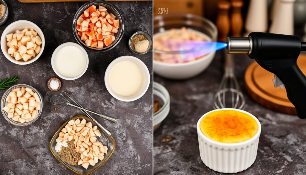 Ingredients for a crab brûlée recipe, including fresh crab meat, cream, eggs, cheese, and seasonings, arranged on a countertop.