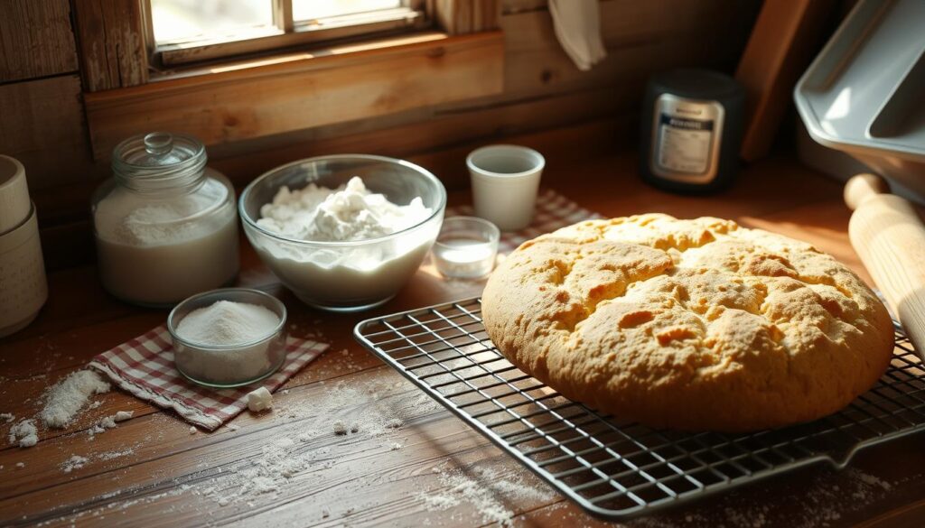 Homemade soda bread from Mary Berry’s recipe, featuring a crisp crust and soft, fluffy interior, served on a wooden board.