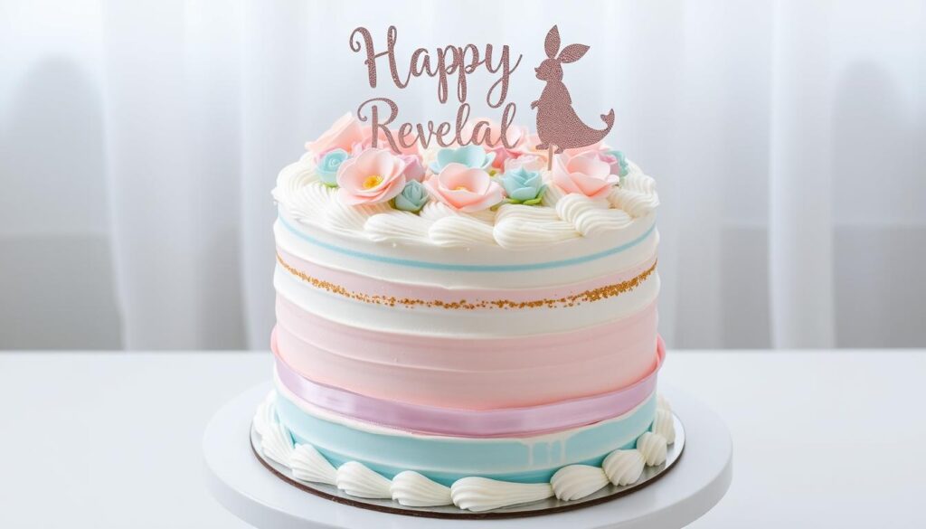 A beautifully decorated gender reveal cake with a question mark design, revealing pink or blue filling when sliced.