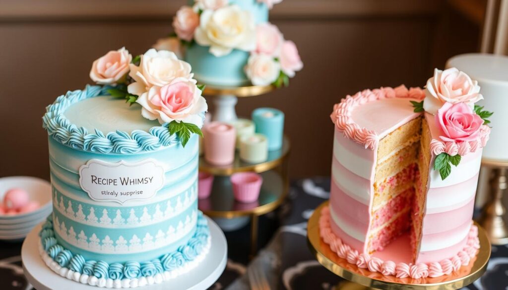 Elegant gender reveal cake with neutral decorations, concealing a surprise pink or blue interior.