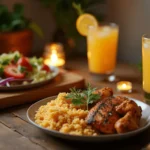 A cozy dinner setting for two featuring a plate of pasta, fresh salad, and glasses of wine on a rustic table.