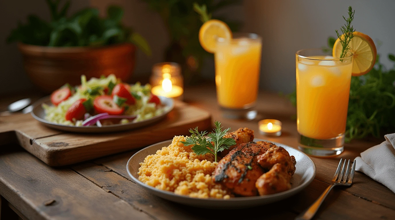 A cozy dinner setting for two featuring a plate of pasta, fresh salad, and glasses of wine on a rustic table.