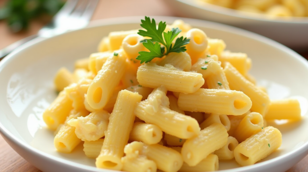 A delicious cavatappi pasta recipe with a creamy cheese sauce, topped with fresh parsley and served in a white bowl.