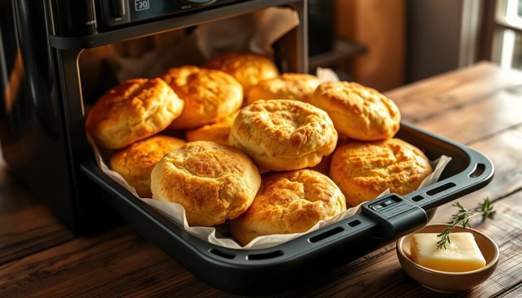 A batch of warm air fryer biscuits in a basket, ready to be served for breakfast or snacks