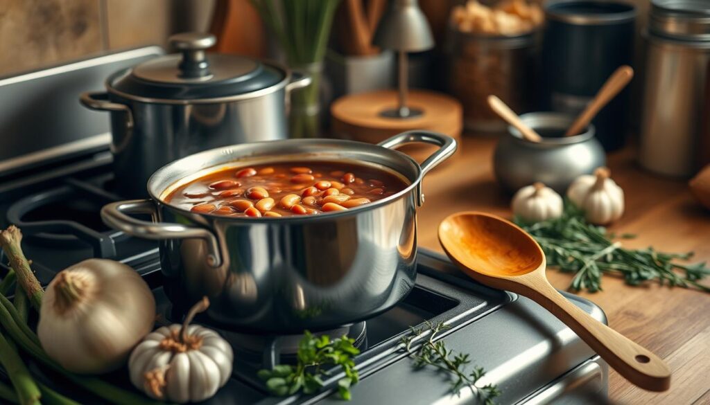 baked beans, including navy beans, bacon, onions, brown sugar, and barbecue sauce, arranged on a countertop.