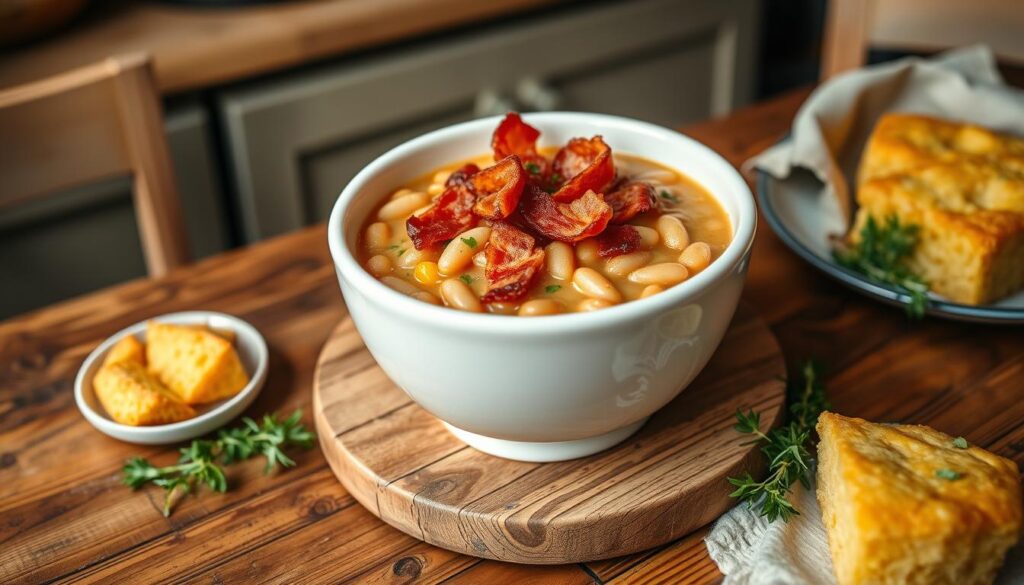 A bowl of baked beans in a rich, smoky sauce, garnished with fresh parsley and served with cornbread.