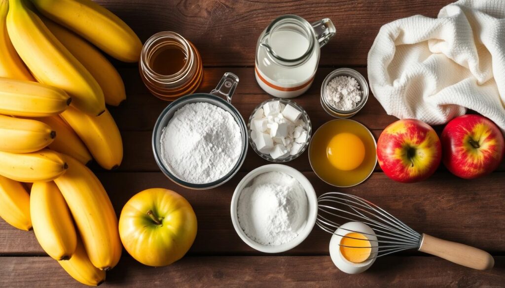 Fresh ingredients for banana apple pancakes, including ripe bananas, diced apples, flour, eggs, and milk, arranged neatly on a wooden countertop.