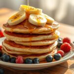 A stack of fluffy banana apple pancakes topped with fresh banana slices, apple chunks, and a drizzle of maple syrup on a white plate.