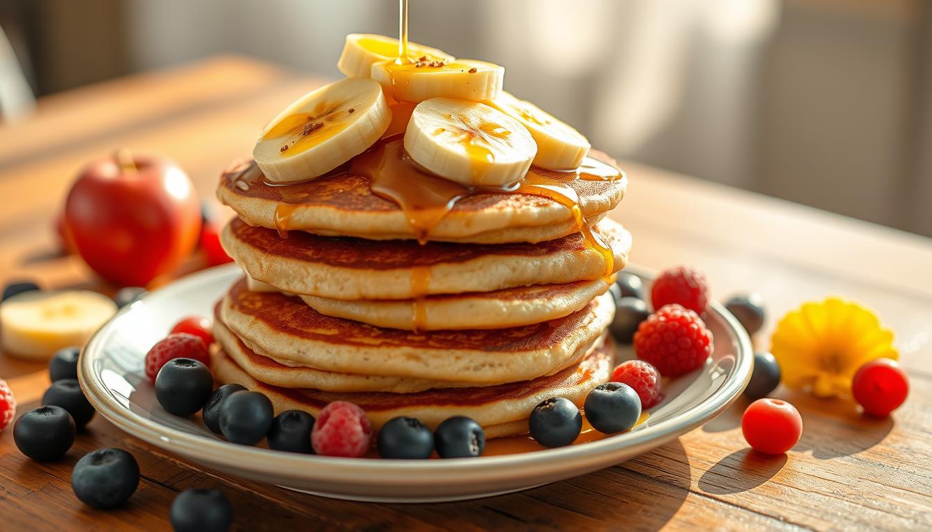 A stack of fluffy banana apple pancakes topped with fresh banana slices, apple chunks, and a drizzle of maple syrup on a white plate.