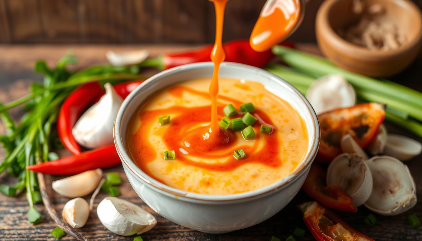 Creamy orange-pink bang bang sauce in glass bowl with wooden spoon, ready for serving