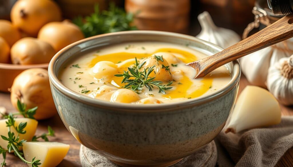 A bowl of creamy Benignis potato soup topped with bacon and parsley.