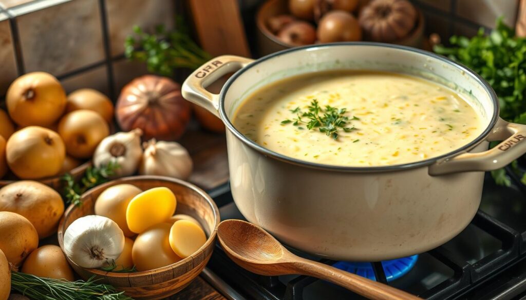 A bowl of Benigni's potato soup topped with crispy bacon, fresh parsley, and a dollop of sour cream, served with crusty bread on the side.