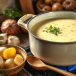 A bowl of Benigni's potato soup topped with crispy bacon, fresh parsley, and a dollop of sour cream, served with crusty bread on the side.