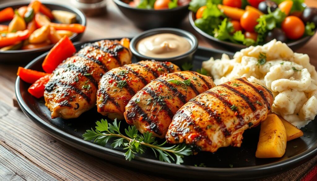 blackstone chicken meal ideas Sliced Blackstone-grilled chicken with a smoky crust, served alongside a fresh salad and dipping sauce