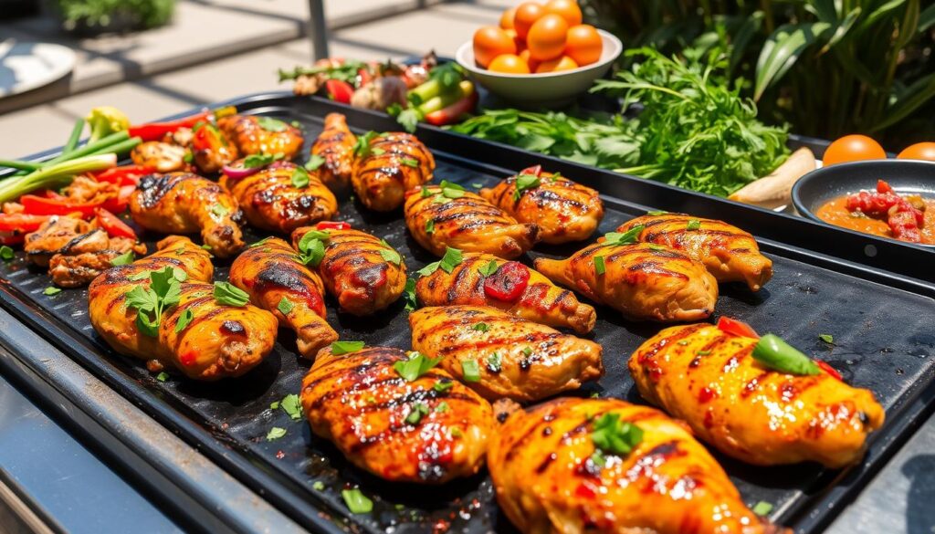 Juicy, golden-brown chicken breasts sizzling on a Blackstone griddle with a side of grilled vegetables.