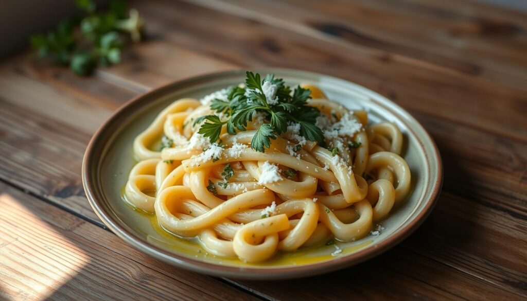 Cavatappi pasta served with a flavorful tomato sauce, fresh basil leaves, and grated Parmesan cheese.