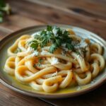 Cavatappi pasta served with a flavorful tomato sauce, fresh basil leaves, and grated Parmesan cheese.