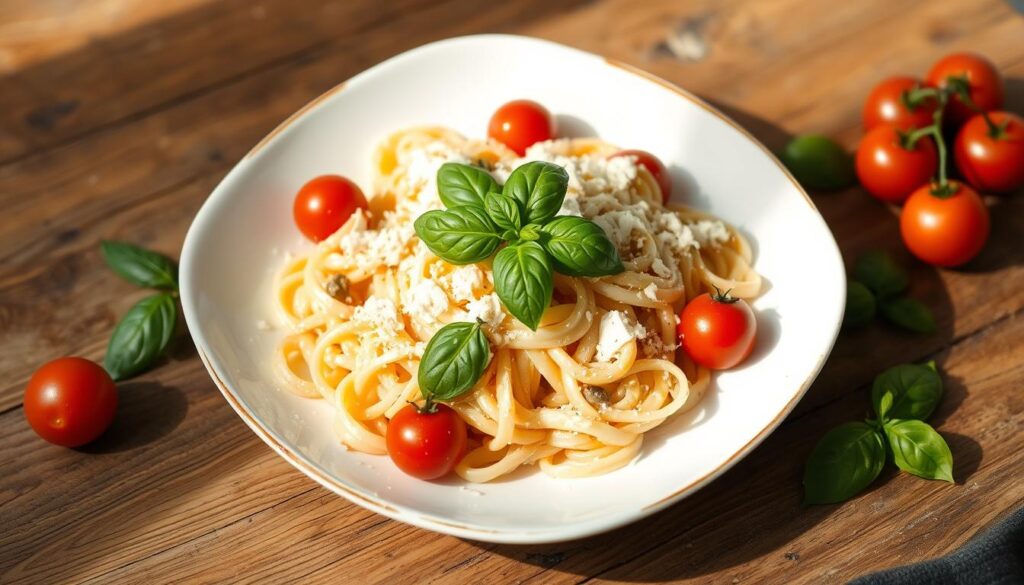 Close-up of cooked cavatappi pasta spirals, paired with a rich creamy sauce and garnished with fresh herbs.