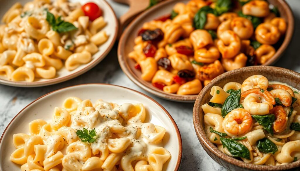 A variety of cavatappi pasta dishes, featuring creamy sauces, fresh vegetables, and vibrant garnishes, served on elegant plates.