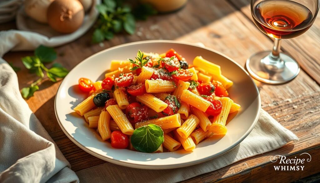 A delicious cavatappi pasta recipe with a creamy cheese sauce, topped with fresh parsley and served in a white bowl.