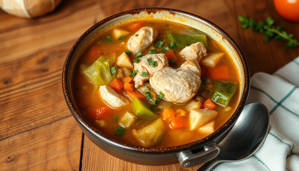 A pot of hearty chicken-and-cabbage soup simmering on the stove, filled with tender chicken pieces, cabbage, carrots, and fresh herbs.