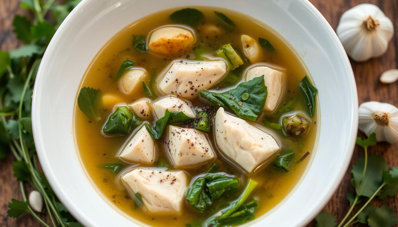 A bowl of chicken and chard soup with tender chicken pieces, vibrant green chard, and a savory broth, served with a slice of crusty bread.