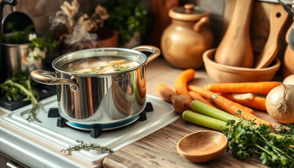 Raw chicken, carrots, celery, onions, garlic, and herbs neatly arranged on a cutting board for chicken broth preparation.