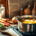 A steaming bowl of golden chicken broth garnished with fresh parsley, served on a wooden table.