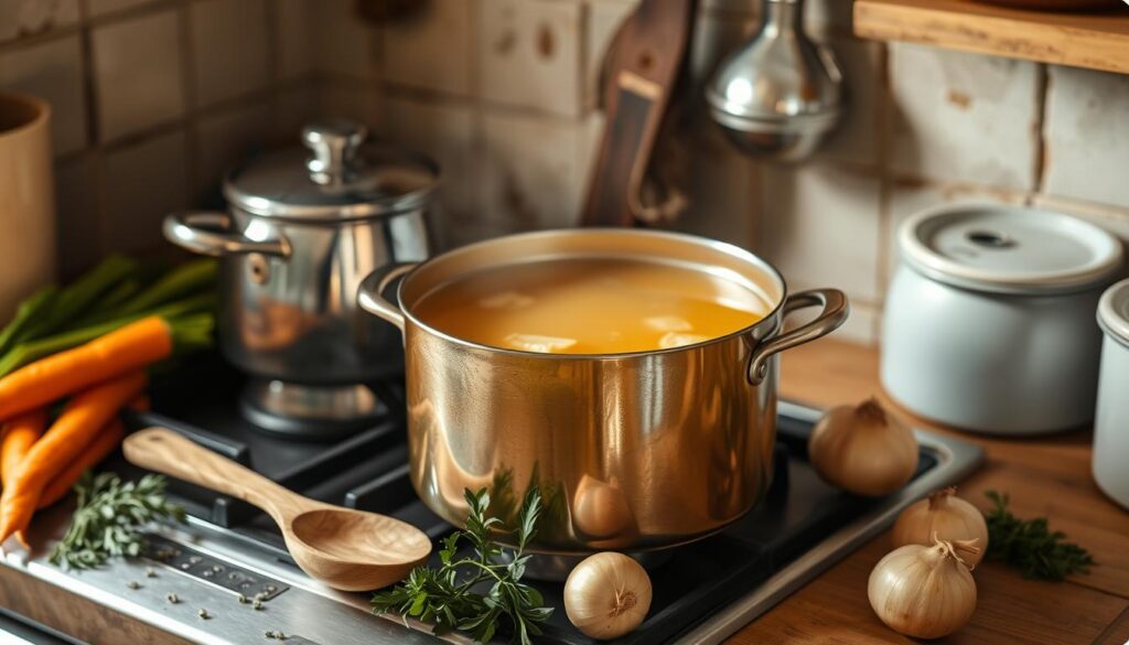 A large pot of simmering chicken broth with fresh vegetables, herbs, and chicken bones, perfect for a homemade recipe