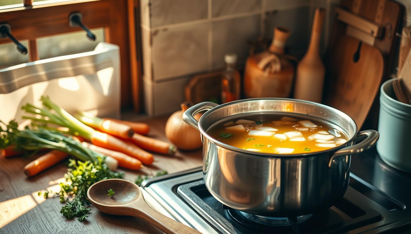 A steaming bowl of golden chicken broth garnished with fresh parsley, served on a wooden table.