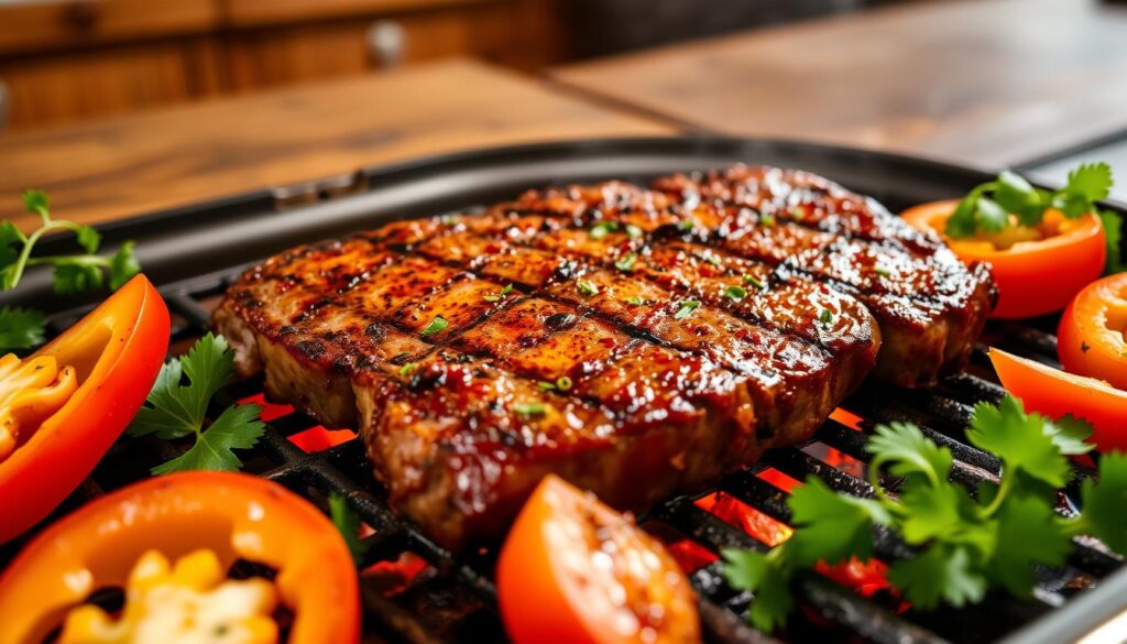 A sizzling chipotle steak with grill marks, paired with roasted vegetables and a smoky chipotle sauce on the side