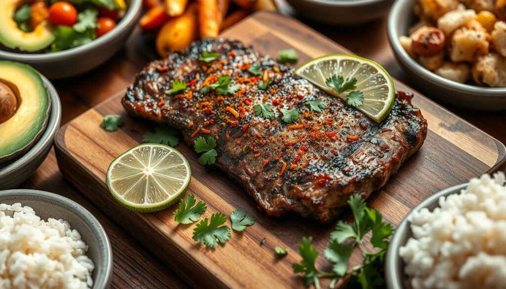 A beautifully plated chipotle steak topped with a drizzle of chipotle glaze, paired with a side salad and garlic bread.