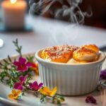 A ramekin of creamy crab brulee with a golden caramelized crust, garnished with fresh herbs.