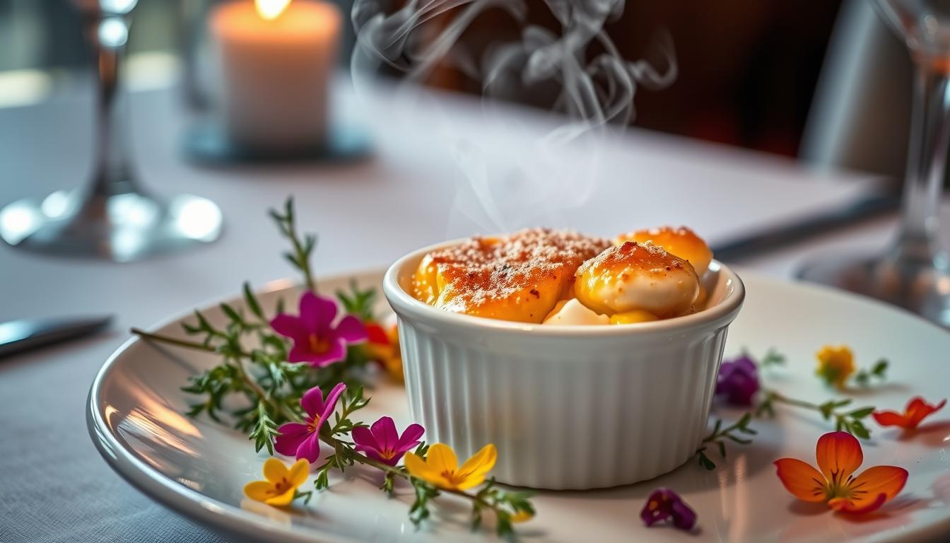 A ramekin of creamy crab brulee with a golden caramelized crust, garnished with fresh herbs.