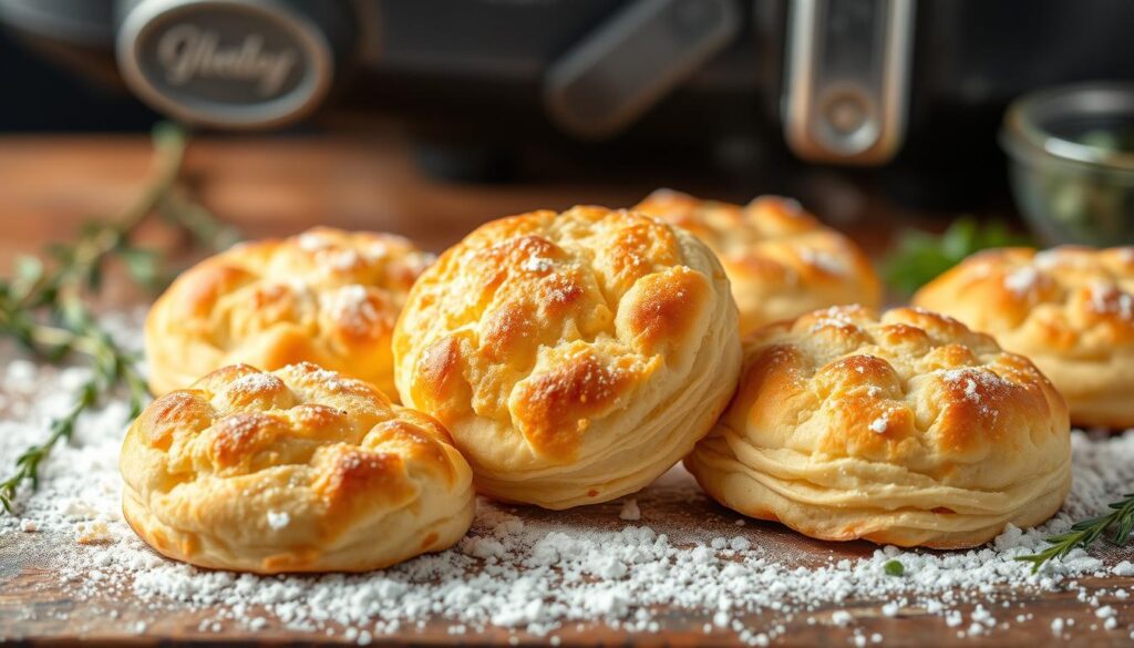 Soft and flaky air fryer biscuits being pulled apart, showing their fluffy layers.