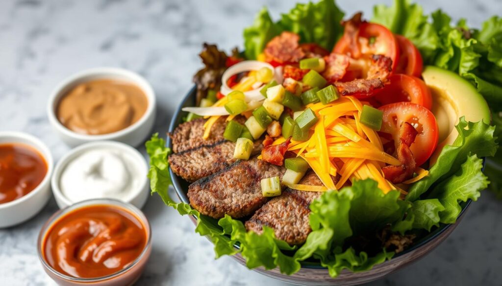 A deconstructed burger bowl with grilled beef patty, crispy beef, shredded cheese, and a mix of colorful veggies.