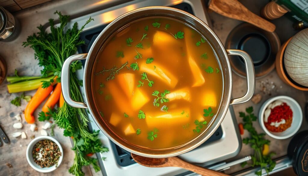 Raw ingredients for chicken broth, including carrots, celery, onion, garlic, parsley, and chicken bones arranged on a wooden cutting board.