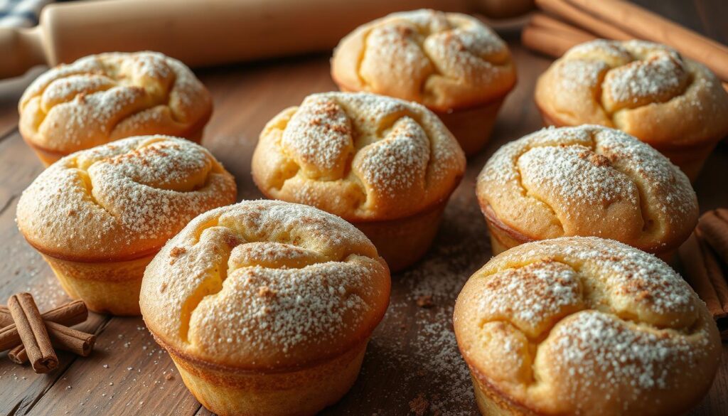 a group of muffins with powdered sugar