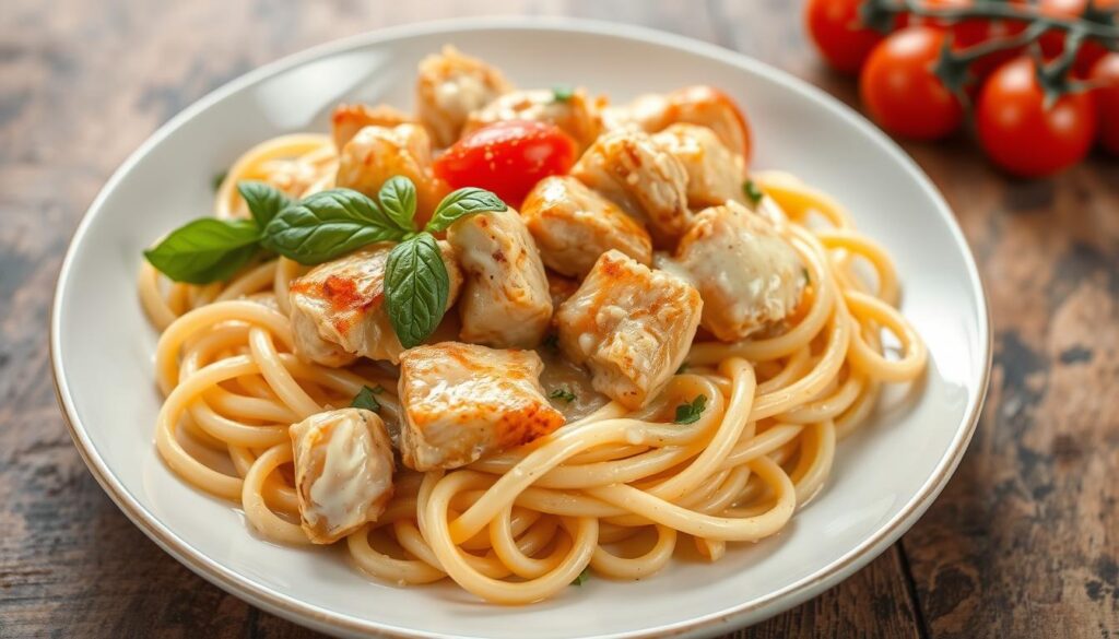 a plate of spaghetti with chicken and basil