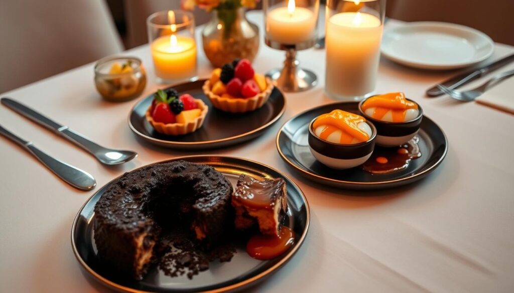 Two individual dessert servings, including a rich chocolate mousse and a fruity tart, elegantly plated for a romantic treat.