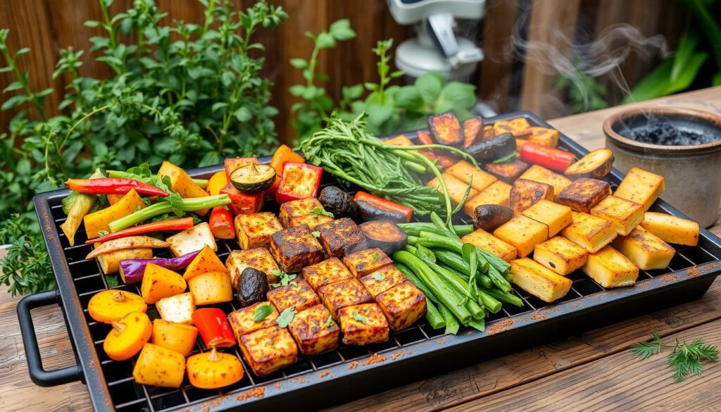 An impressive spread of smoker recipes, featuring smoked ribs, brisket, salmon, and grilled vegetables, all arranged on a rustic wooden table with dipping sauces and garnishes