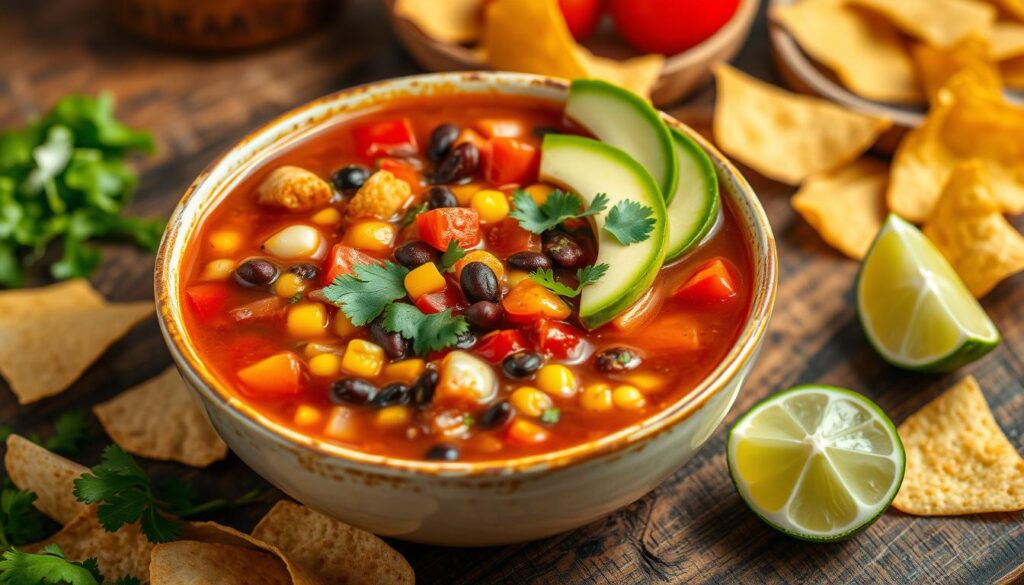 A bowl of Taco Soup Frios Recipe served with toppings like shredded cheese, sour cream, diced avocado, and crushed tortilla chips.