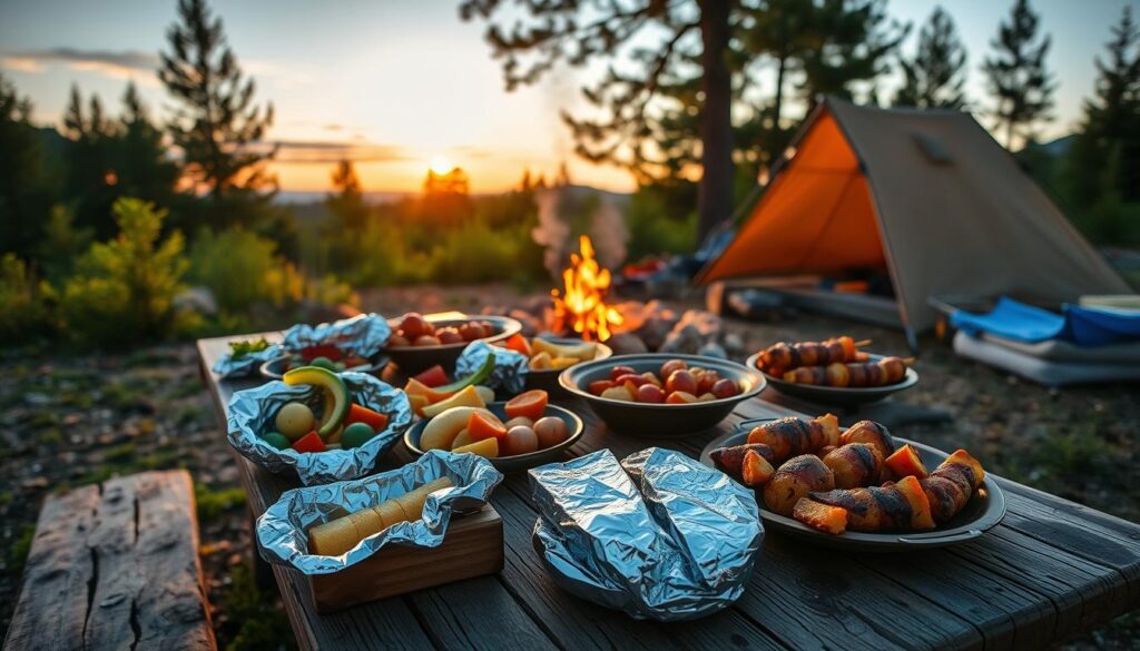 A campfire setup featuring a skillet of sizzling vegetables, grilled meat, and a rustic table with camping dinner essentials.