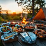 A campfire setup featuring a skillet of sizzling vegetables, grilled meat, and a rustic table with camping dinner essentials.