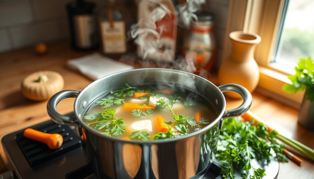 A large pot of chicken broth simmering with vegetables, herbs, and chicken pieces.