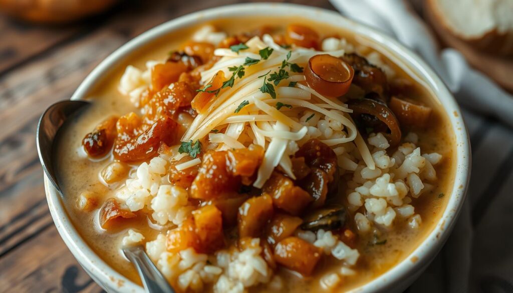 Warm French onion soup rice with melted cheese and a sprinkle of fresh herbs.