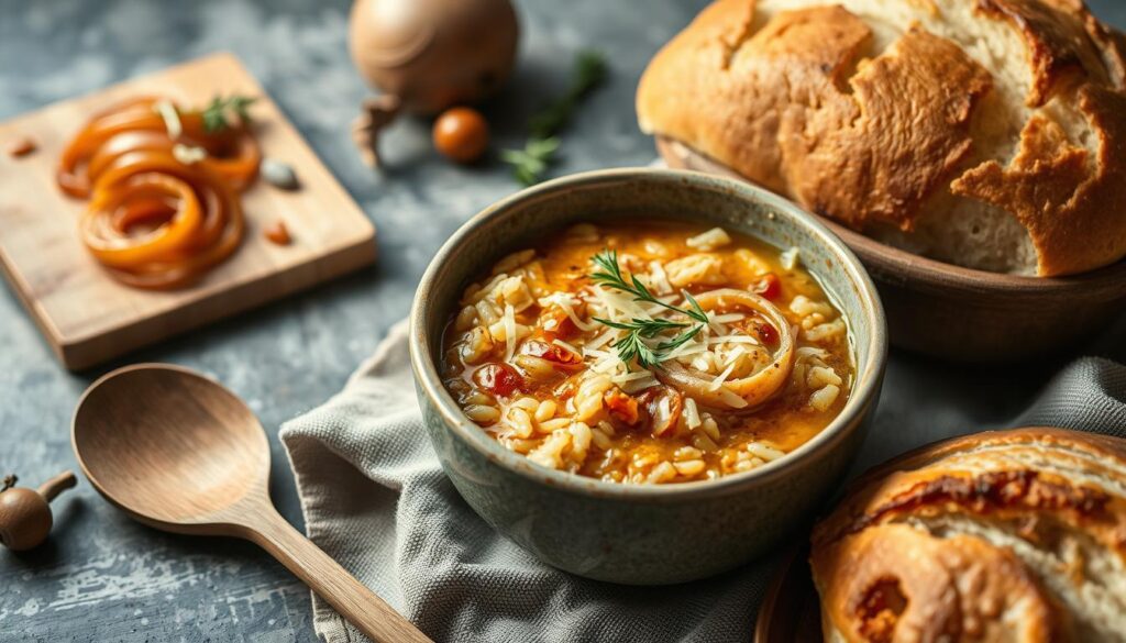 Creamy French onion soup rice garnished with golden melted cheese and thyme.