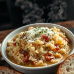 A bowl of French onion soup rice topped with melted cheese and fresh thyme.